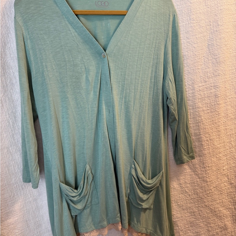 LOGO by Lori Goldstein Seafoam V-Neck Pocket Cardigan